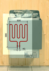 Sauna Heizstab - Heizelement, in Hintergrund ein Knüllwald Helo Saunaheizgerät